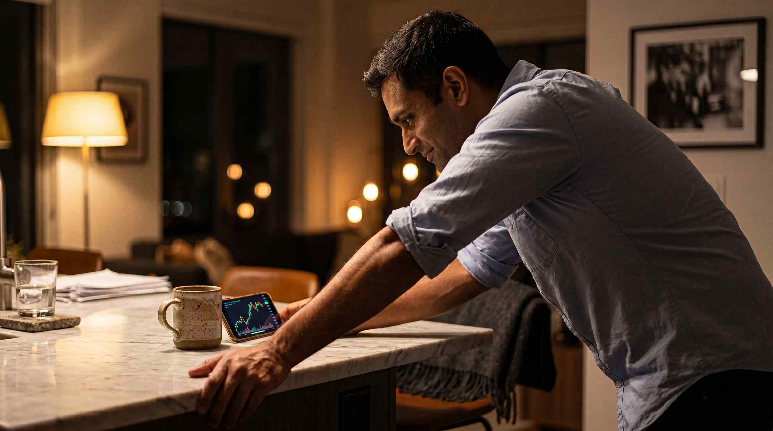 A man checking the stock market on his mobile device.